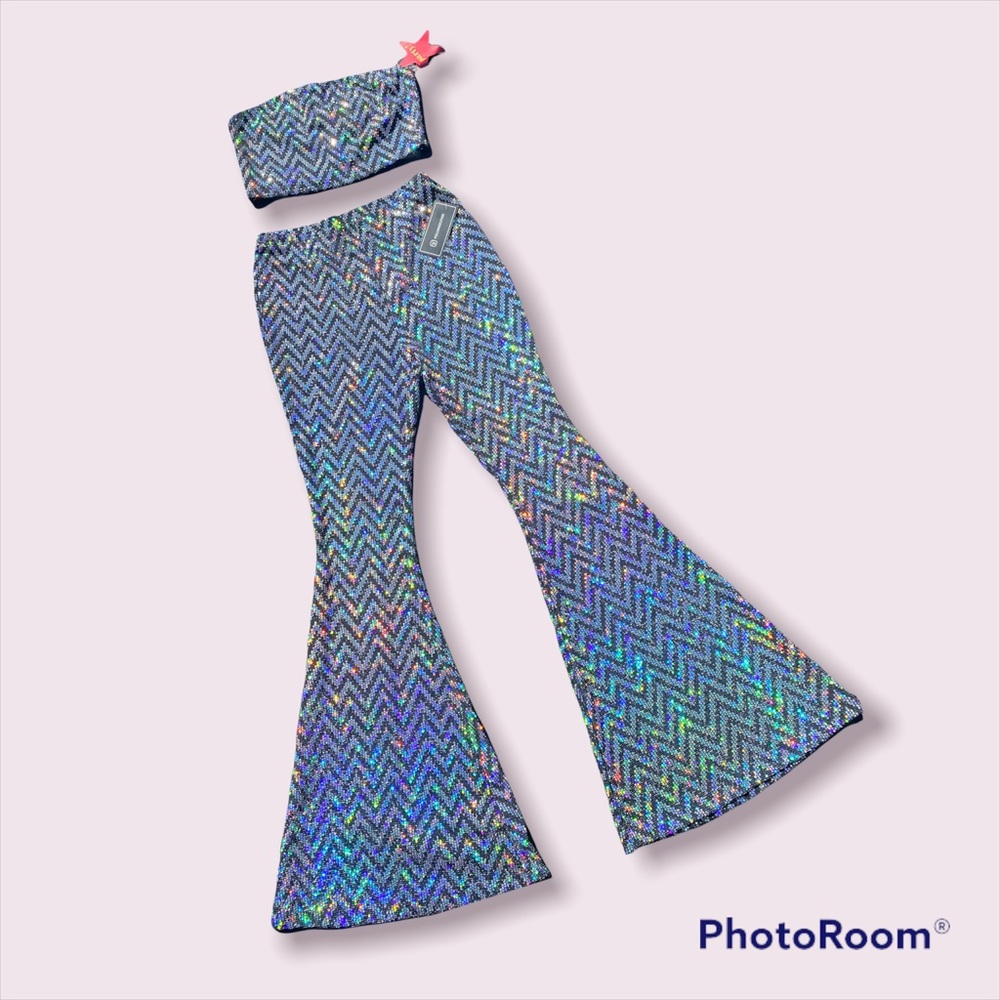 Disco Psychedelic sequinedsparkly two-piece crop top  bellbottoms pant set